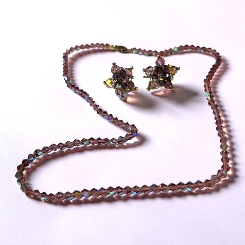 Vintage 1950s Lavender AB Crystal Bicone Necklace & Cluster Earrings Set